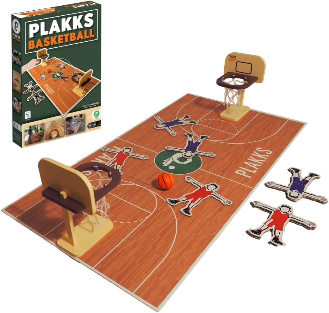 PLAKKS Basketball Tischspiel Aktions Brettspiel mit super Aufbau, Holz-Spielfeld und Körbe