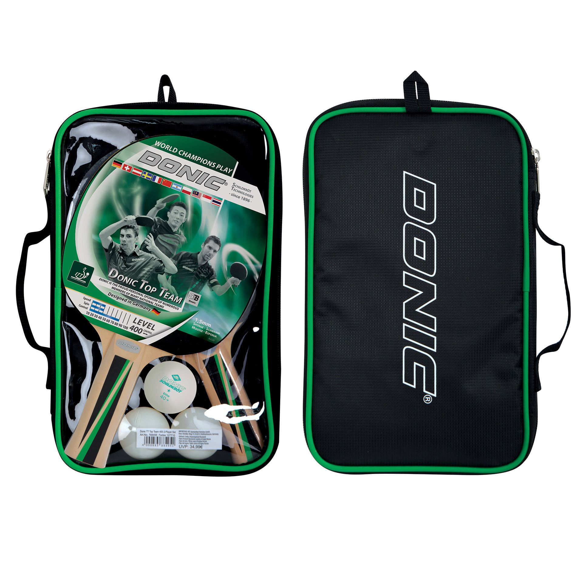 Donic Tischtennis-Set TOP TEAMS 400 für 2 Personen  2 Schläger, 2 Bälle, Tasche