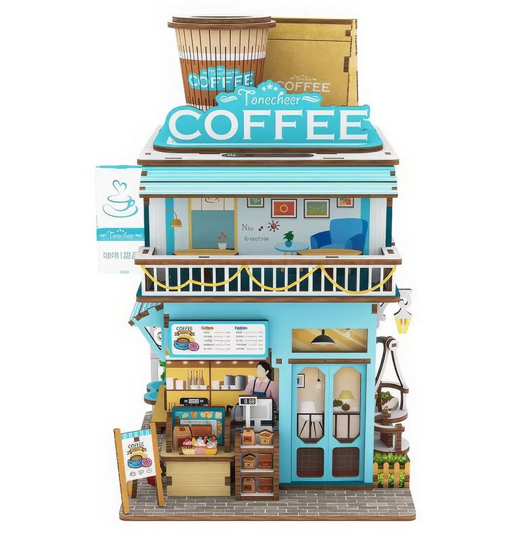 Tonecheer Bastelset DIY House Cape Coffee Shop Holz-Bausatz mit Licht