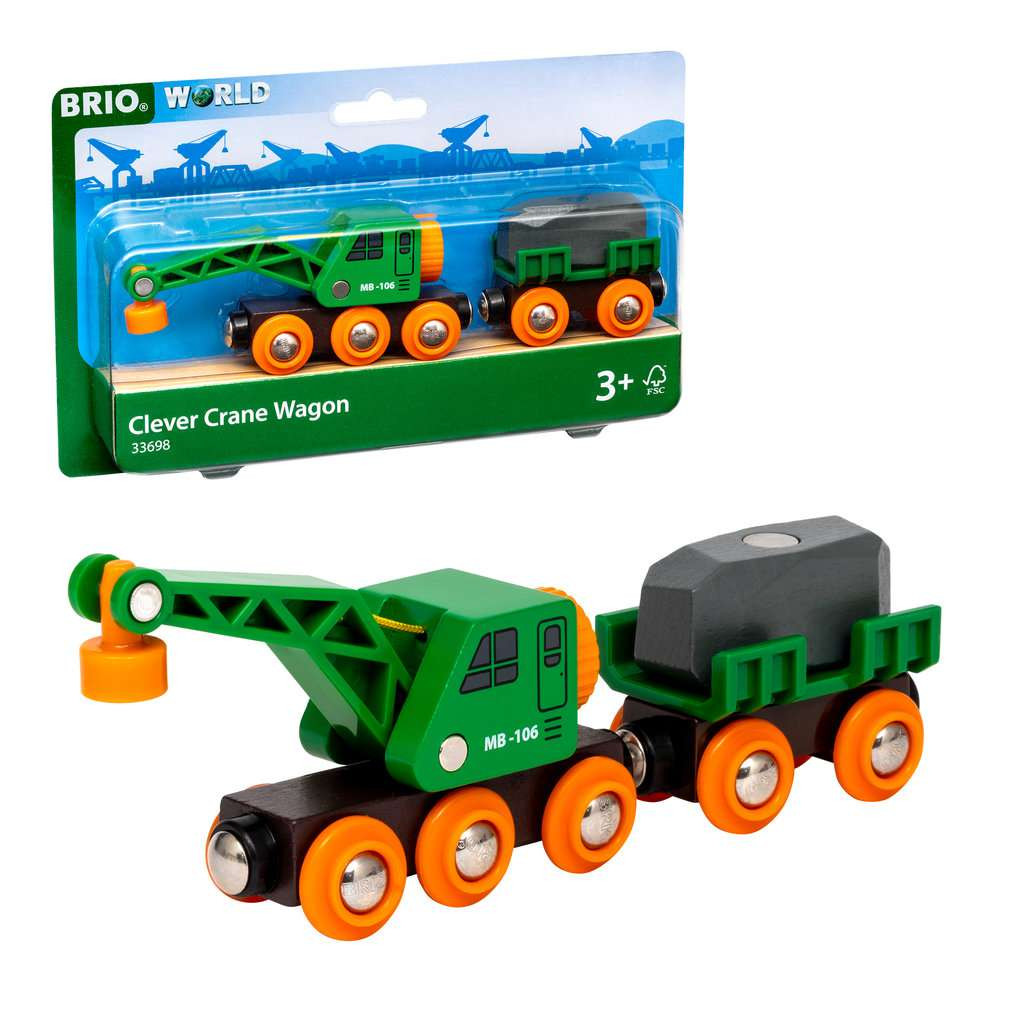 Brio Eisenbahn Grüner Kranwagen mit Anhänger und Fracht