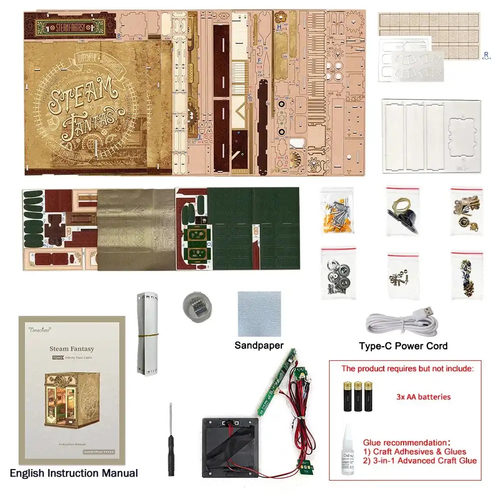 Tonecheer Bastelset Book Nook Zugabteil - Steam Fantasy Holz-Bausatz mit Licht