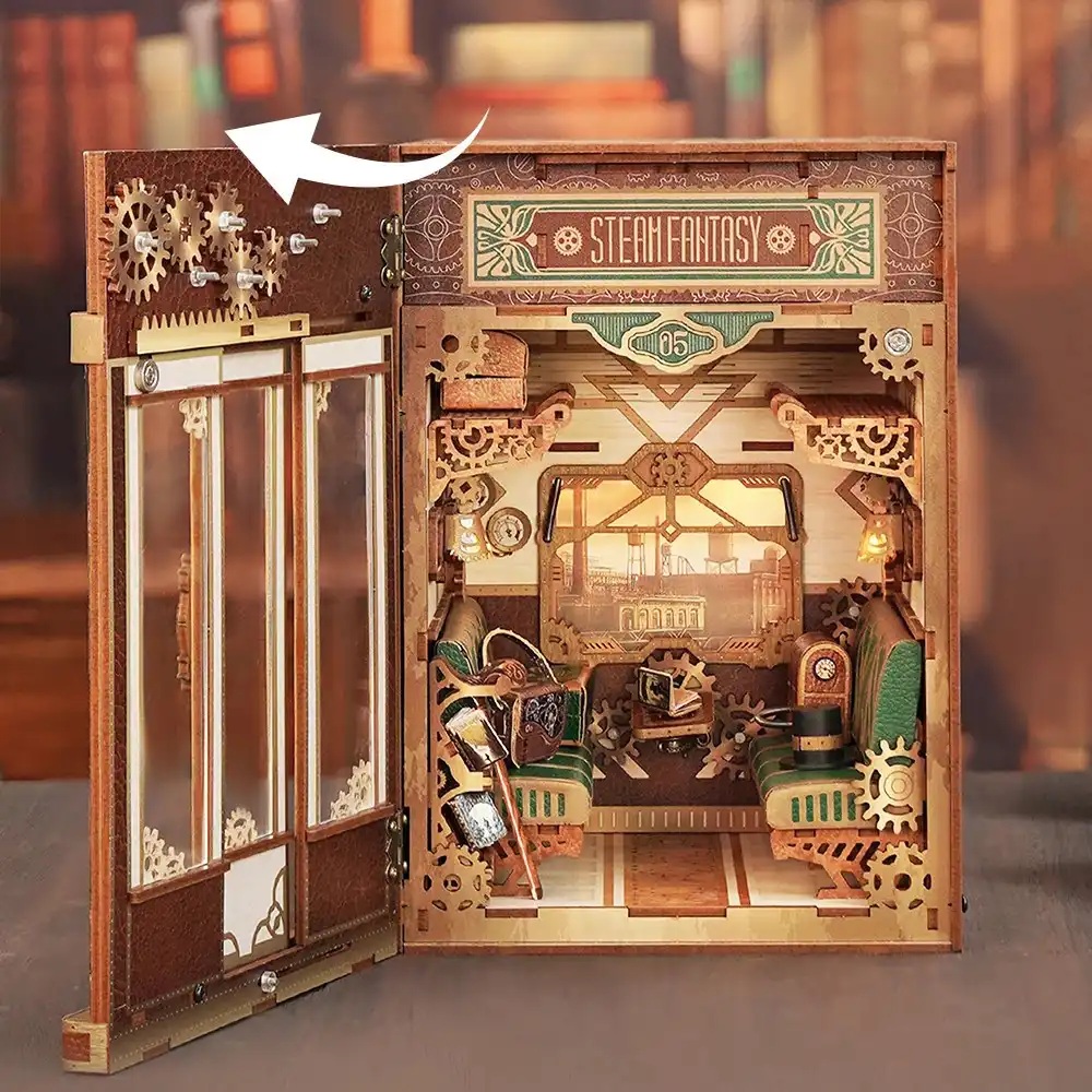 Tonecheer Bastelset Book Nook Zugabteil - Steam Fantasy Holz-Bausatz mit Licht