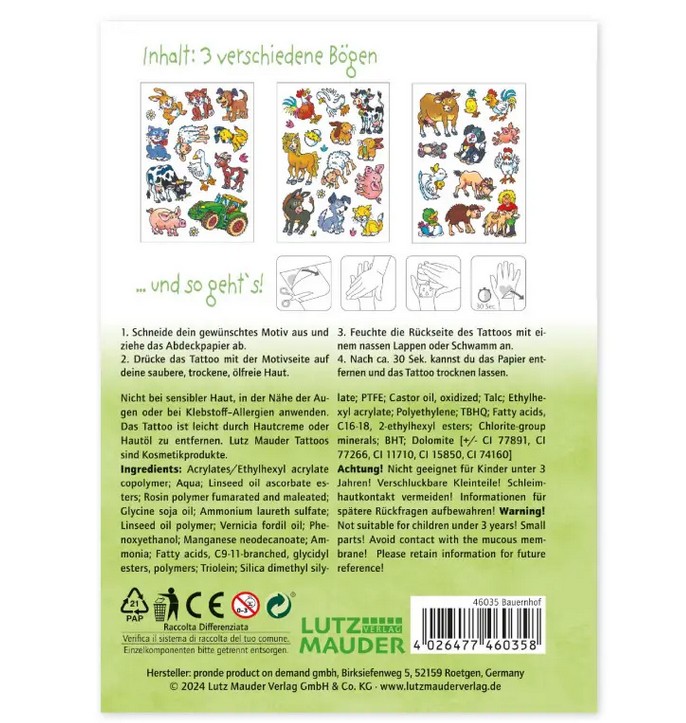 Lutz Mauder Tattoo-Set A6, Bauernhof 3 Bögen, plastikfrei verpackt