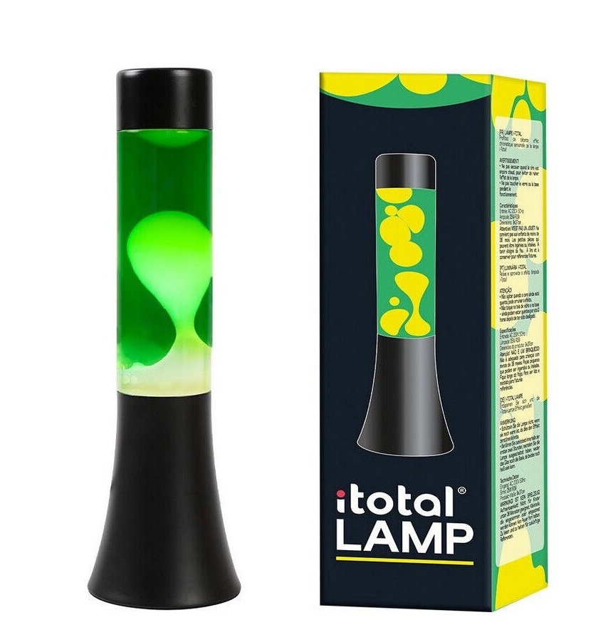iTotal Flared Lavalampe mit schwarzem Sockel, grüne Flüssigkeit und gelbes Wachs
