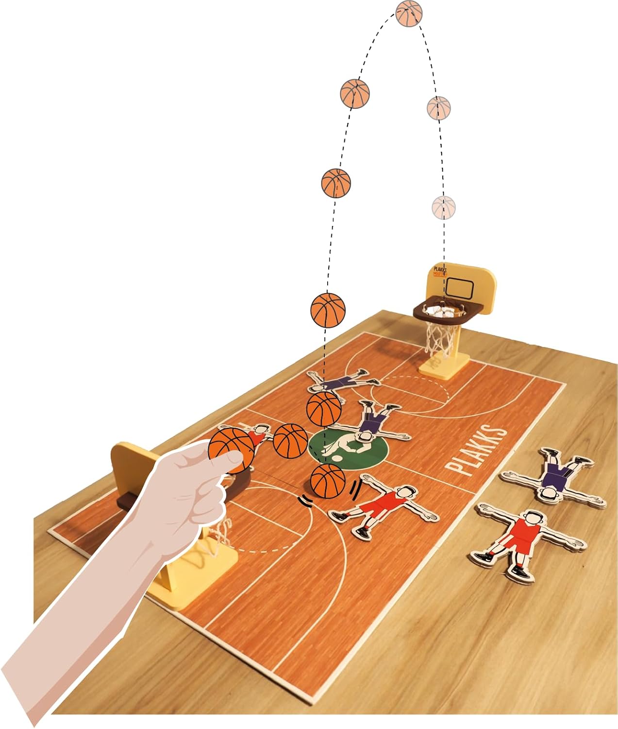 PLAKKS Basketball Tischspiel Aktions Brettspiel mit super Aufbau, Holz-Spielfeld und Körbe