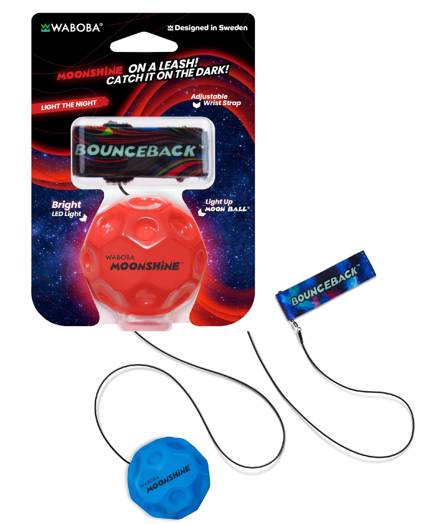 Waboba  MOON Ball Bounceback Moonshine LED der Moonball an der Schnur! 1 Stück in rot oder blau