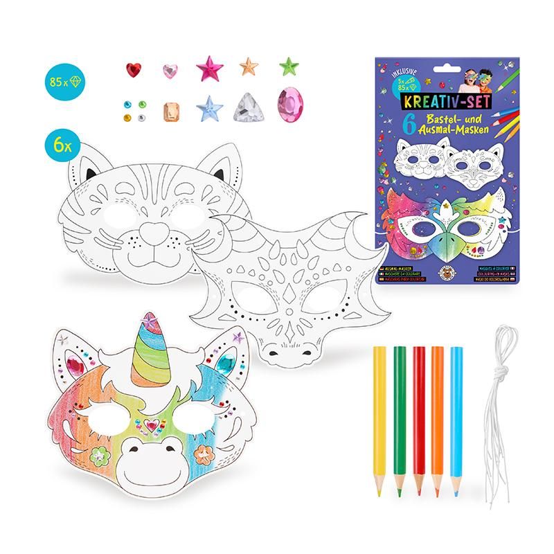 Kreativset Bastel- & Ausmal-Masken 5er Set inkl. Diamantsticker & Buntstifte