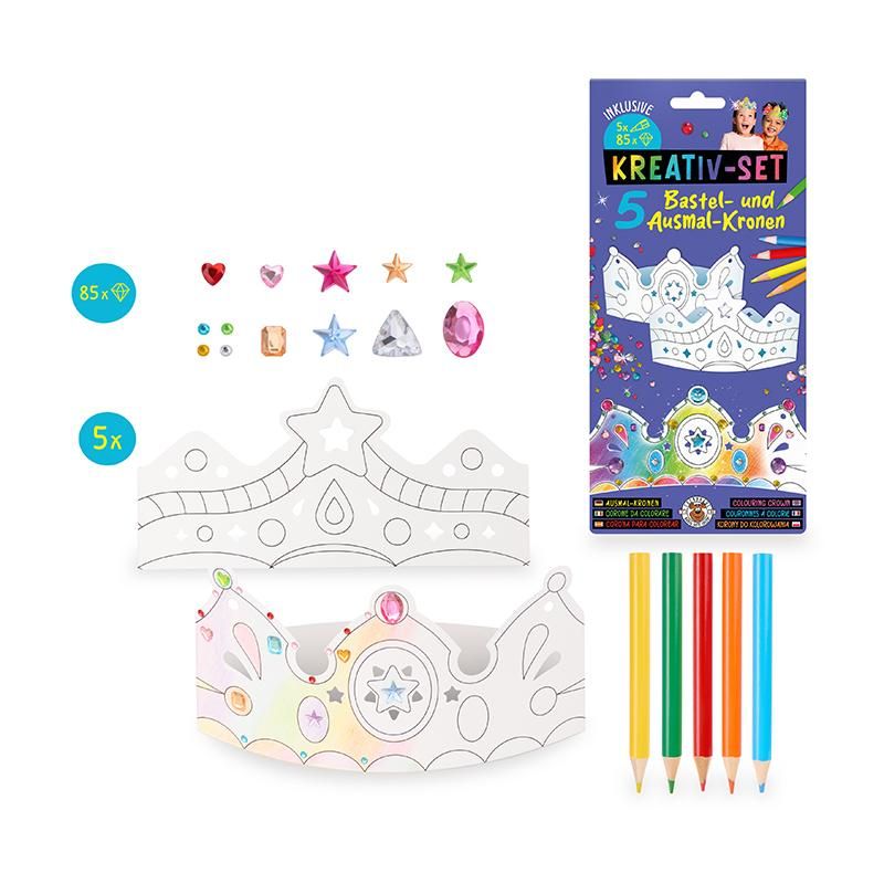 Kreativset Bastel- & Ausmal-Kronen 5er-Set inkl. Diamantsticker & Buntstifte