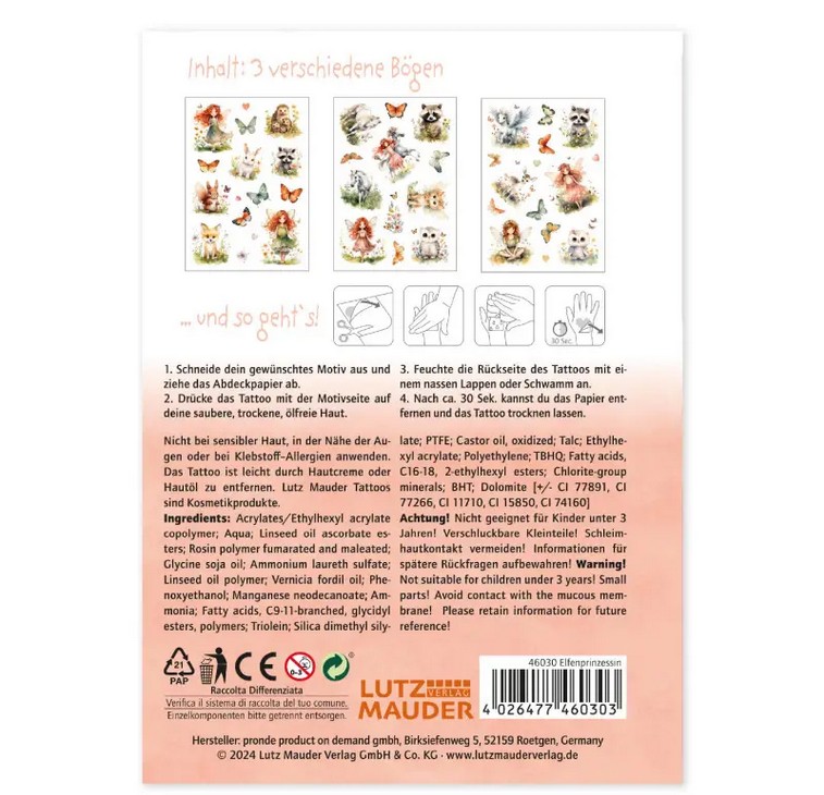TapirElla Tattoo-Set A6, Elfenprinzessin 3 Bögen, plastikfrei verpackt