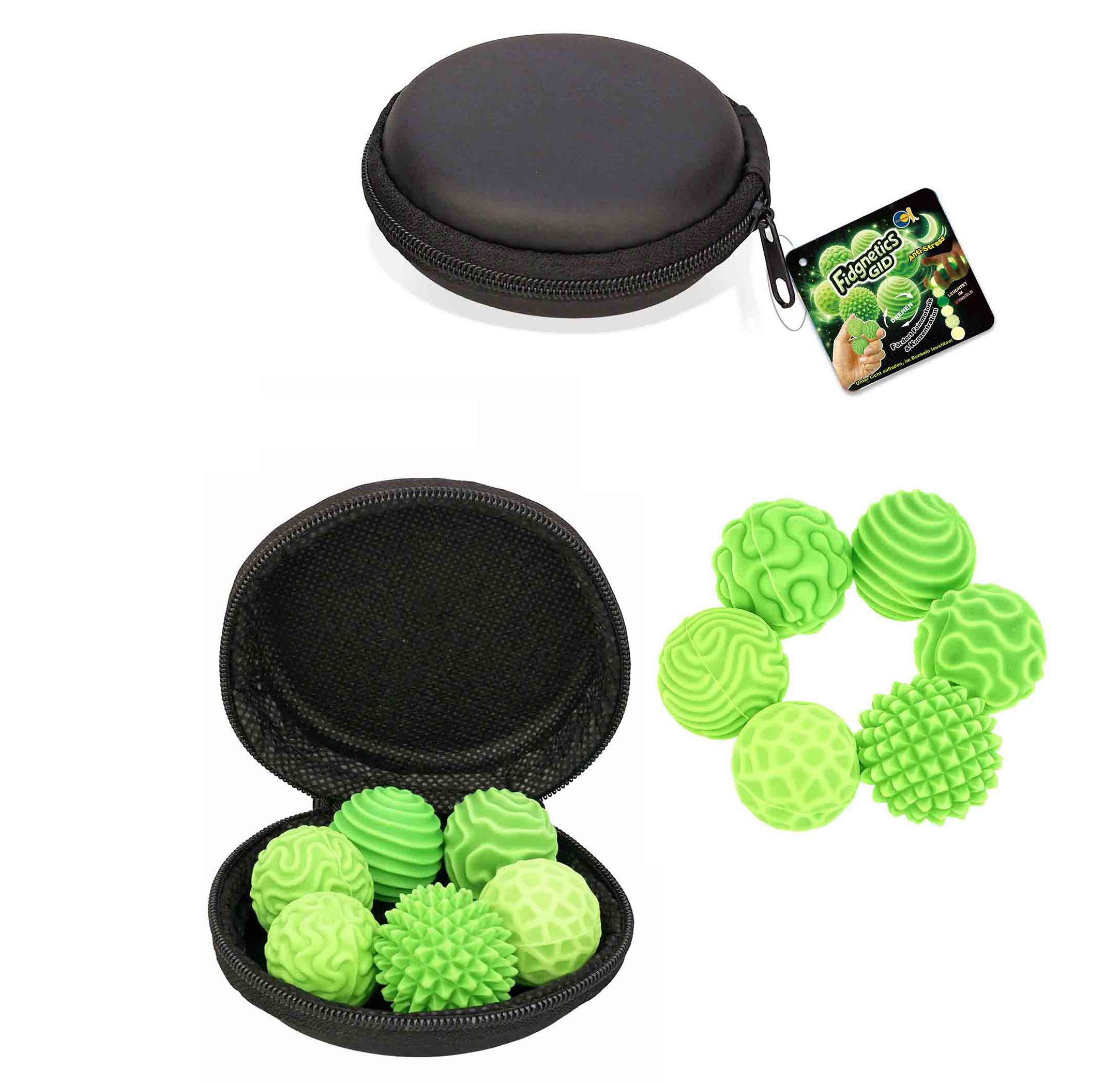 Fidgettoy FidgNetics - Magnetische Sensorik Kugeln nachtleuchtend 1 Set aus sechs Kugeln in Etui