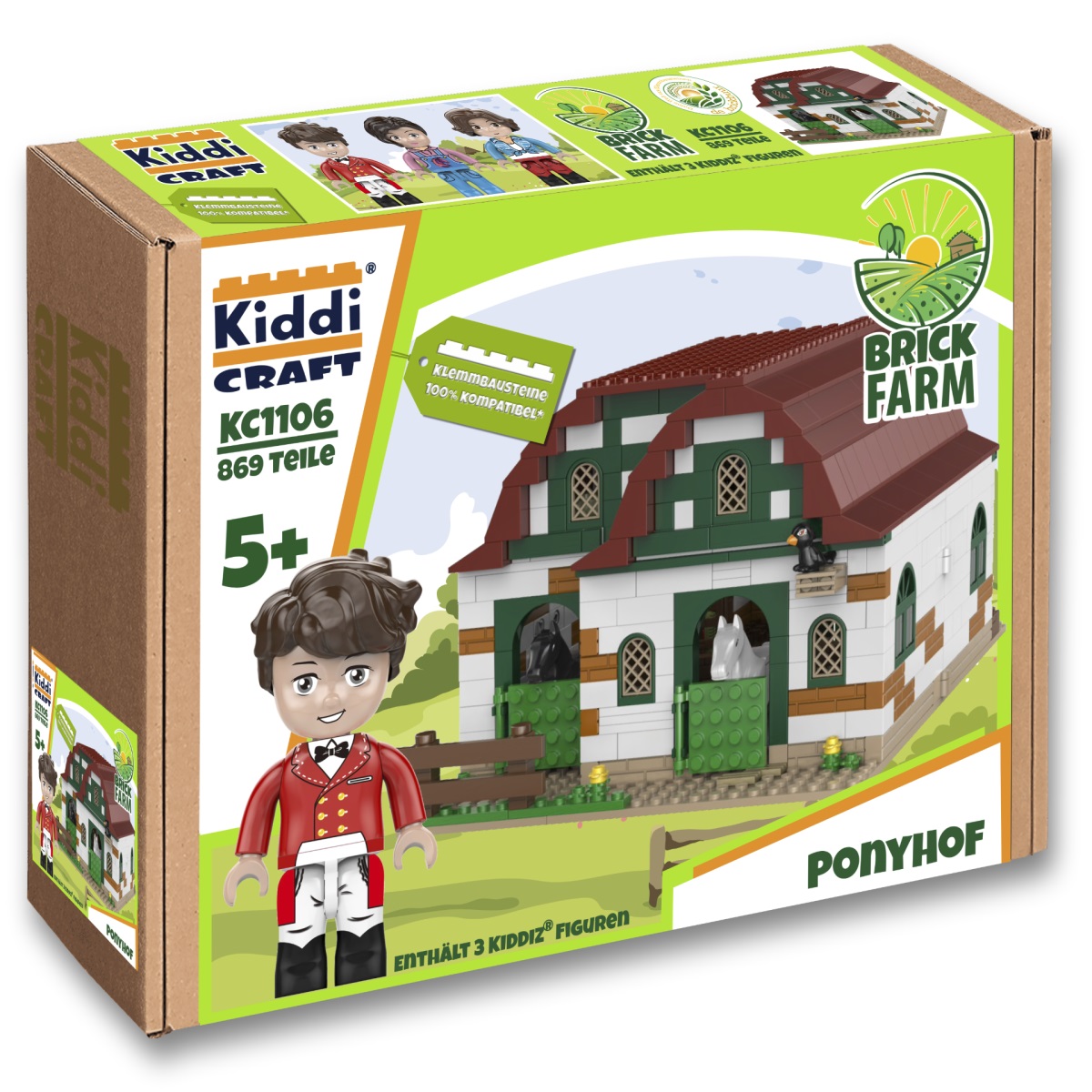 KiddiCraft Klemmbausteinset Ponyhof - 3 Kiddiz Figuren, 2 Pferde, 2 Vögel 869 Teile