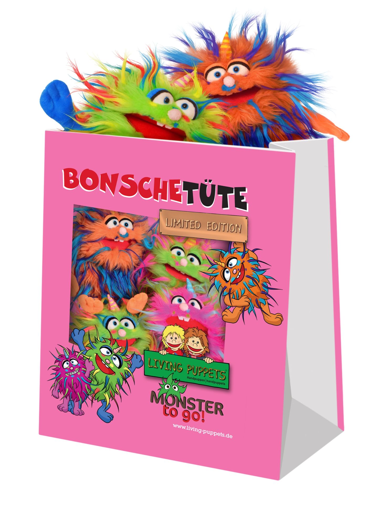 Living Puppets Bonsche Tüte mit 4 Handpuppen aus der Reihe Monster to go! Neuheit, limitiert, voraussichtlich ab April 2026