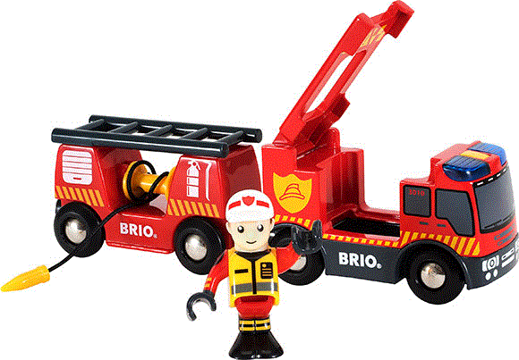 BRIO Feuerwehr-Leiterfahrzeug mit Licht & Sound passt zur Holzeisenbahn