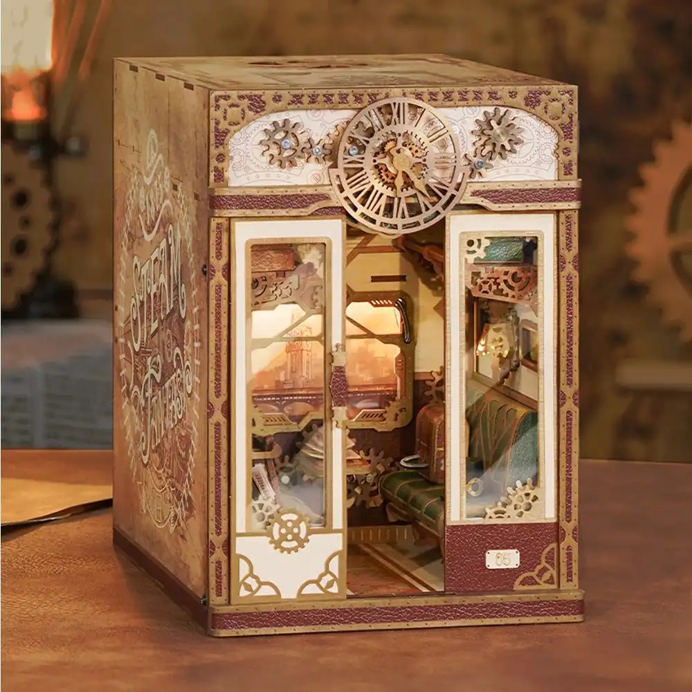 Tonecheer Bastelset Book Nook Zugabteil - Steam Fantasy Holz-Bausatz mit Licht