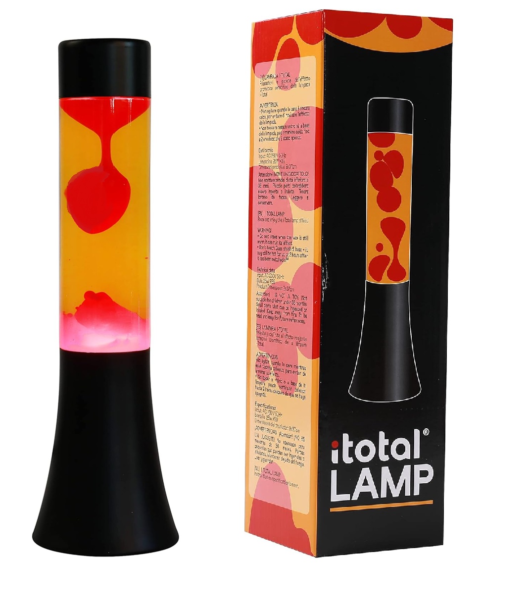 iTotal Flared Lavalampe mit schwarzem Sockel, gelbe Flüssigkeit und rotes Wachs