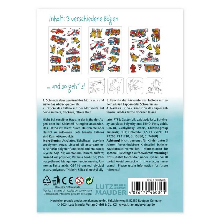 Lutz Mauder Tattoo-Set A6, Feuerwehr 3 Bögen, plastikfrei verpackt