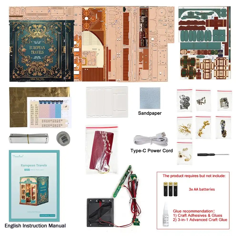 Tonecheer Bastelset Book Nook Zugabteil - European Travels Holz-Bausatz mit Licht