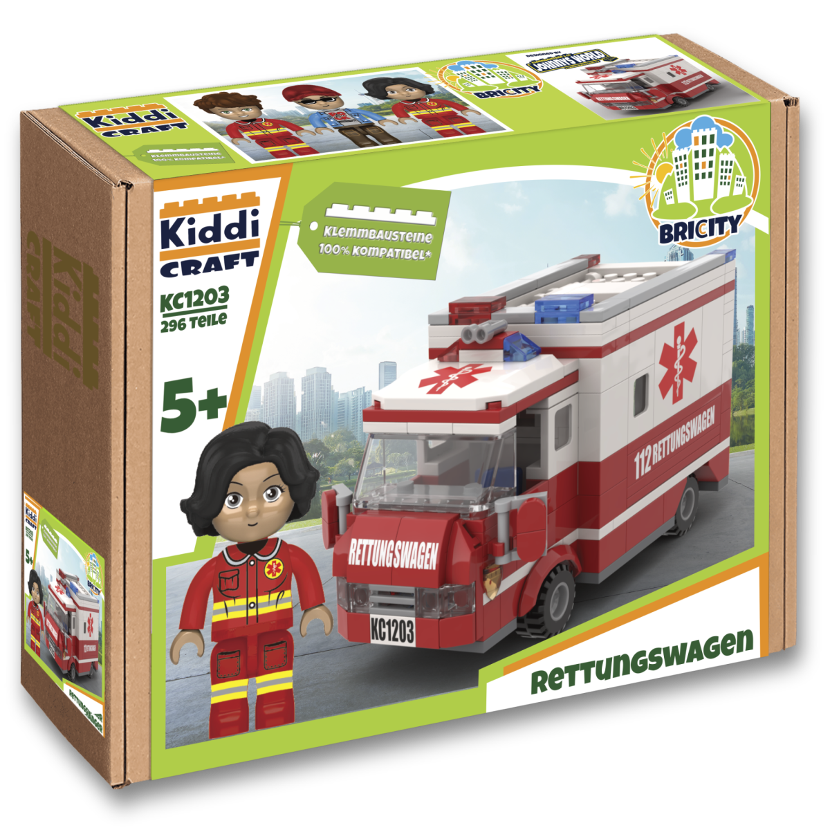 KiddiCraft Klemmbausteinset Rettungswagen - 3 Kiddiz Figuren 296 Teile