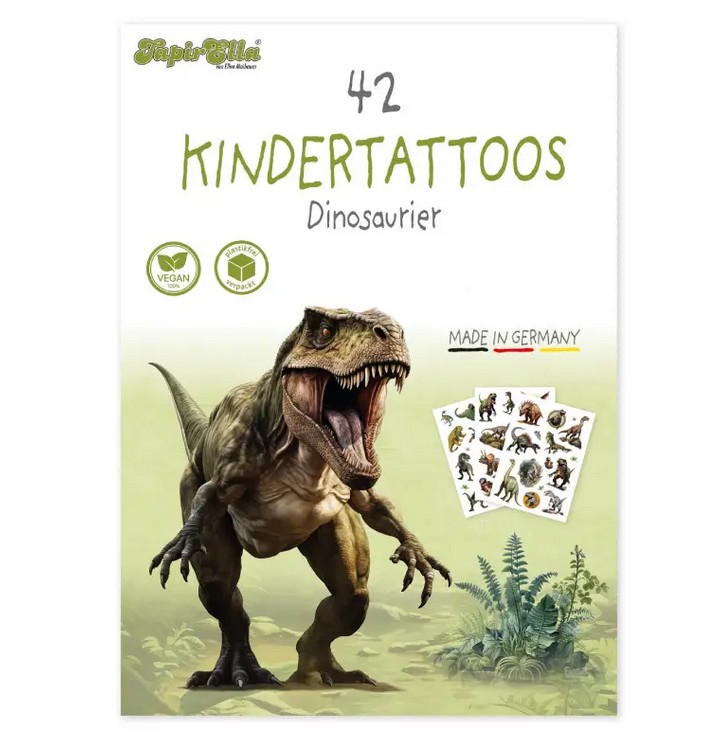 TapirElla Tattoo-Set A6, Dinosaurier 3 Bögen, plastikfrei verpackt