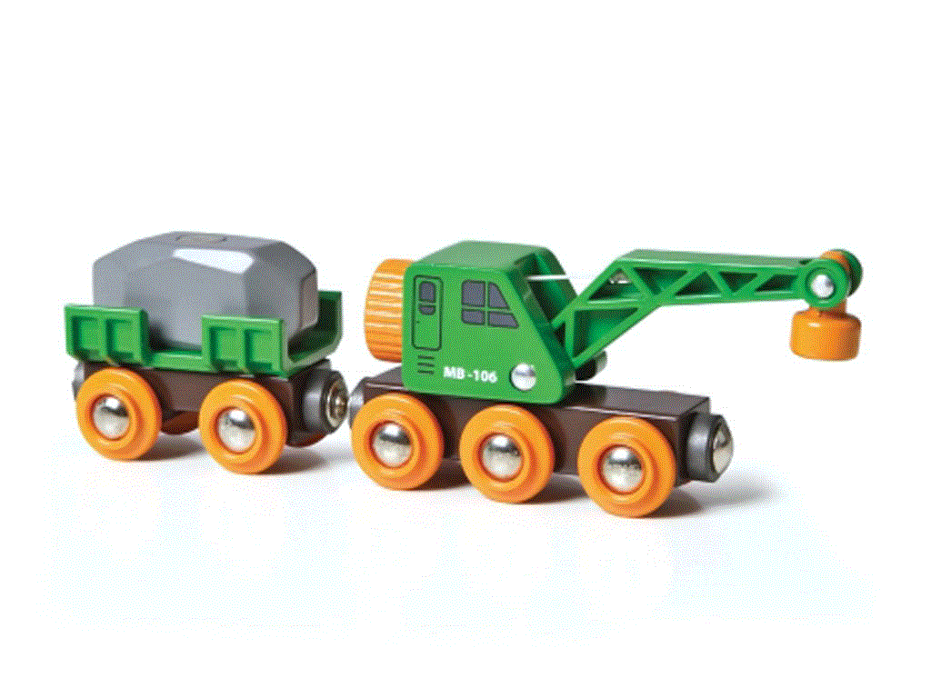 Brio Eisenbahn Grüner Kranwagen mit Anhänger und Fracht