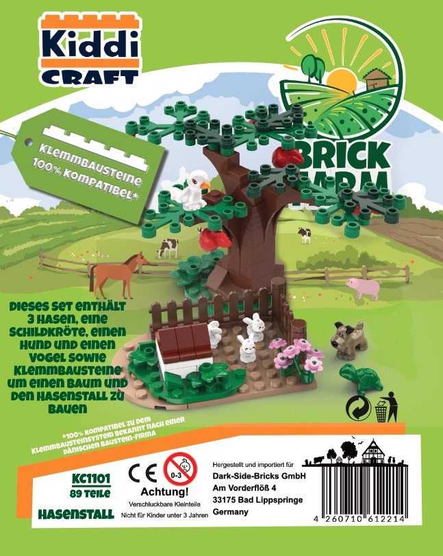 KiddiCraft Klemmbausteinset Hasenstall - 3 Hasen, 1 Hund, 1 Vogel, 1 Schildkröte 89 Teile