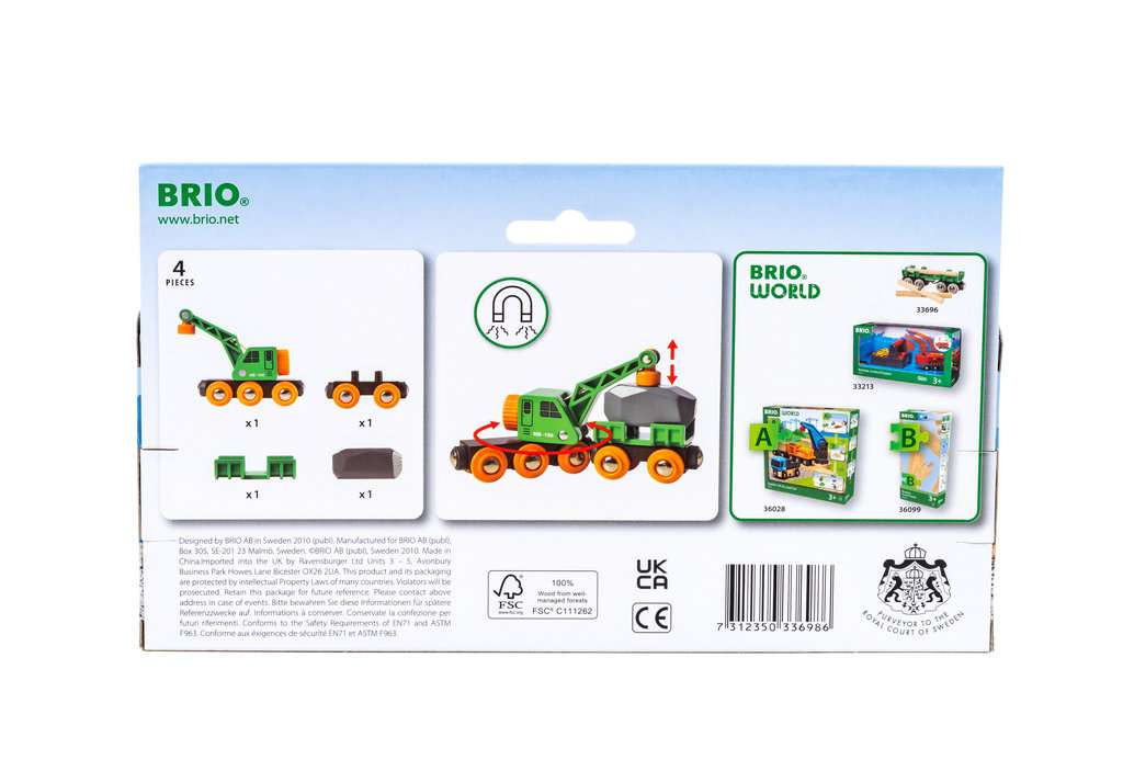 Brio Eisenbahn Grüner Kranwagen mit Anhänger und Fracht