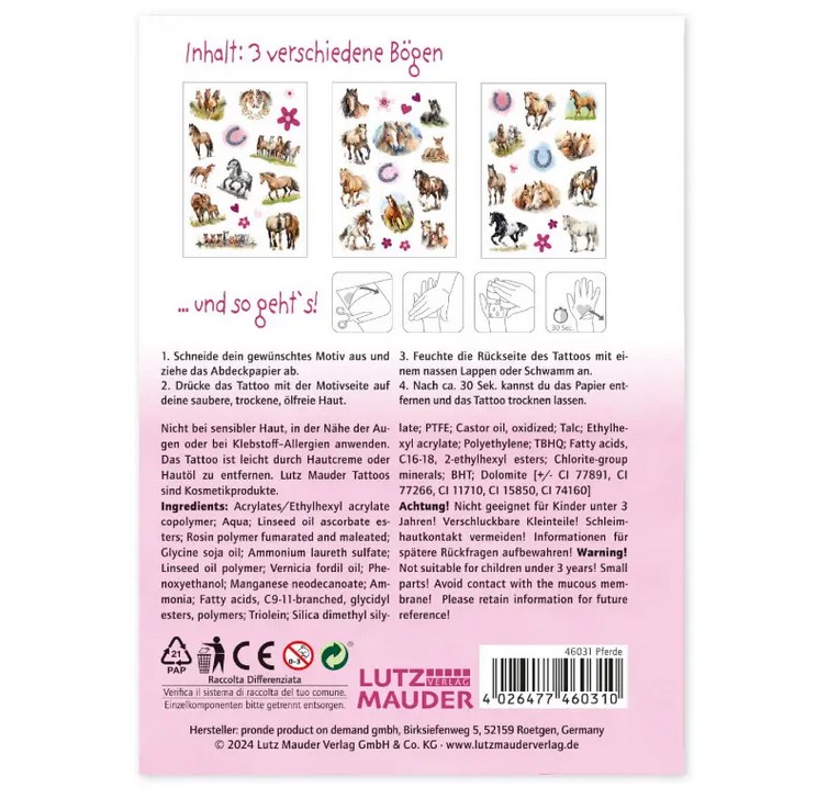 TapirElla Tattoo-Set A6, Pferde 3 Bögen, plastikfrei verpackt