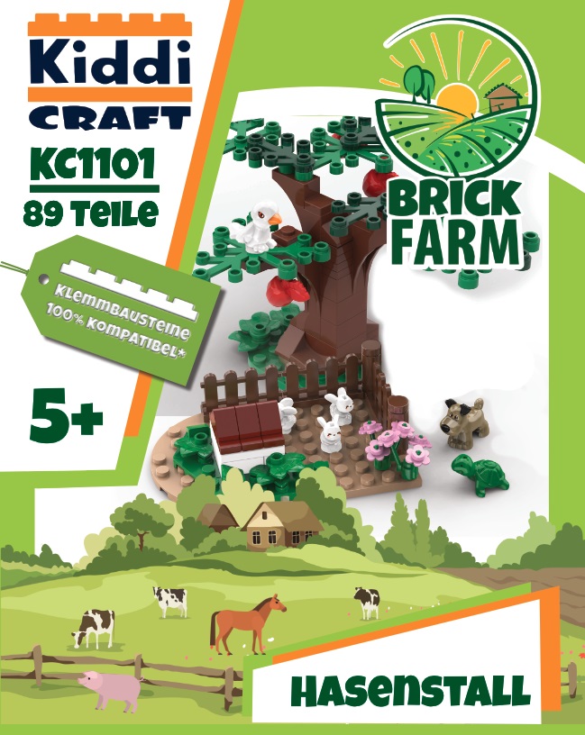 KiddiCraft Klemmbausteinset Hasenstall - 3 Hasen, 1 Hund, 1 Vogel, 1 Schildkröte 89 Teile