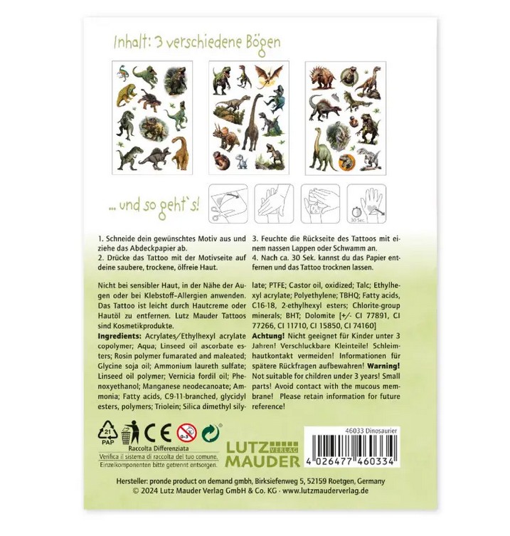 TapirElla Tattoo-Set A6, Dinosaurier 3 Bögen, plastikfrei verpackt