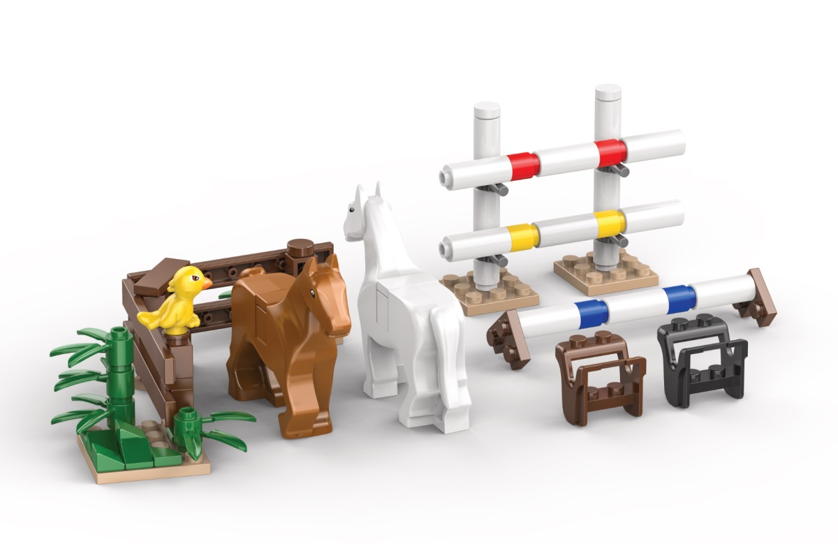 KiddiCraft Klemmbausteinset Pferde auf dem Reitplatz - 2 Pferde, 1 Vogel 80 Teile