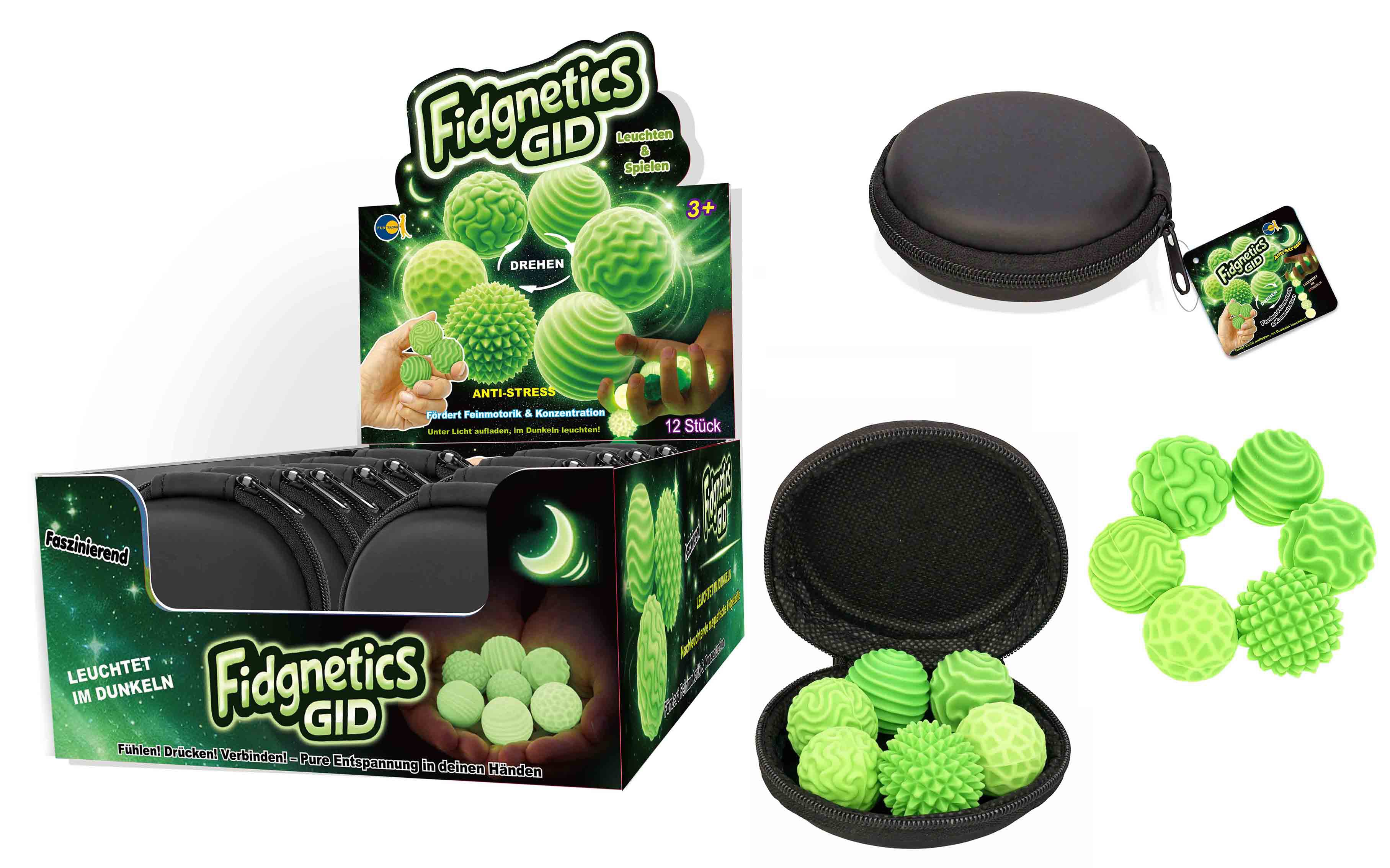 Fidgettoy FidgNetics - Magnetische Sensorik Kugeln nachtleuchtend 1 Set aus sechs Kugeln in Etui