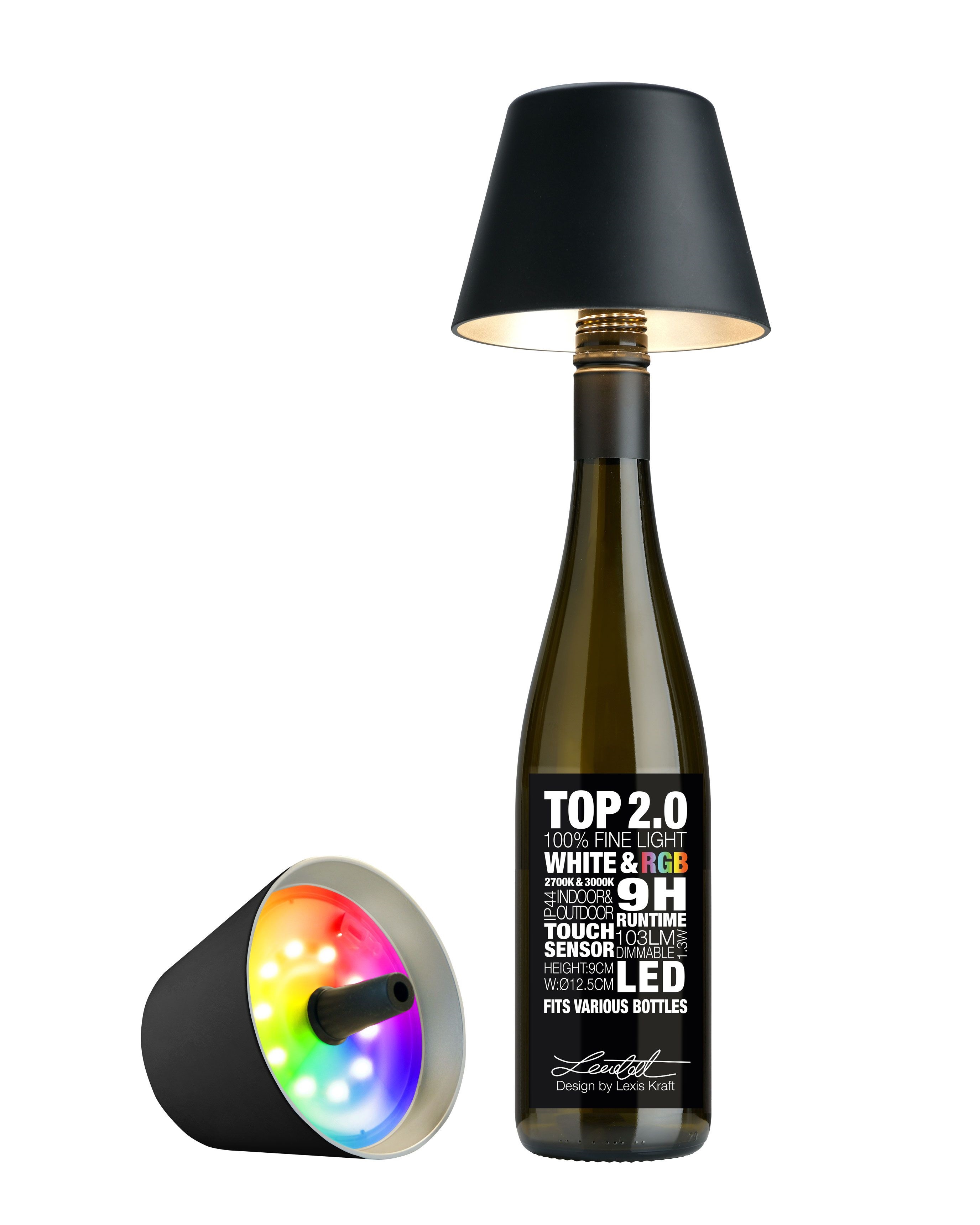 Sompex Dekoleuchte Top 2.0 RGB schwarz RGBW-Akku-Flaschenleuchte (weiß und farbig)