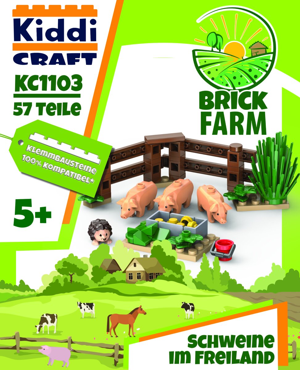 KiddiCraft Klemmbausteinset Schweine im Freiland - 3 Schweine, 1 Igel 57 Teile