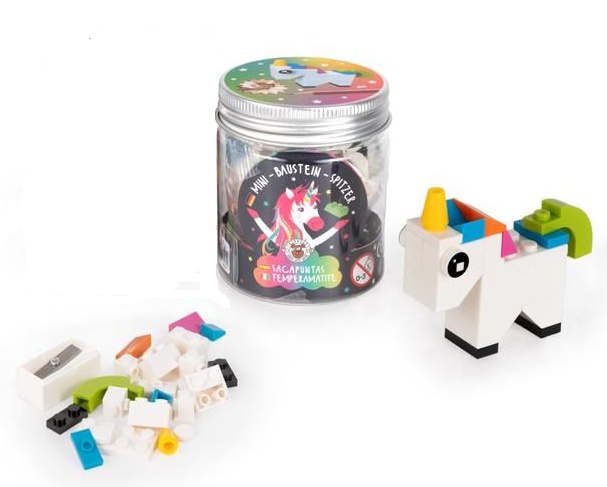DREAMLAND Anspitzer Mini-Baustein-Set Einhorn Bastelset für einen lustigen Spitzer