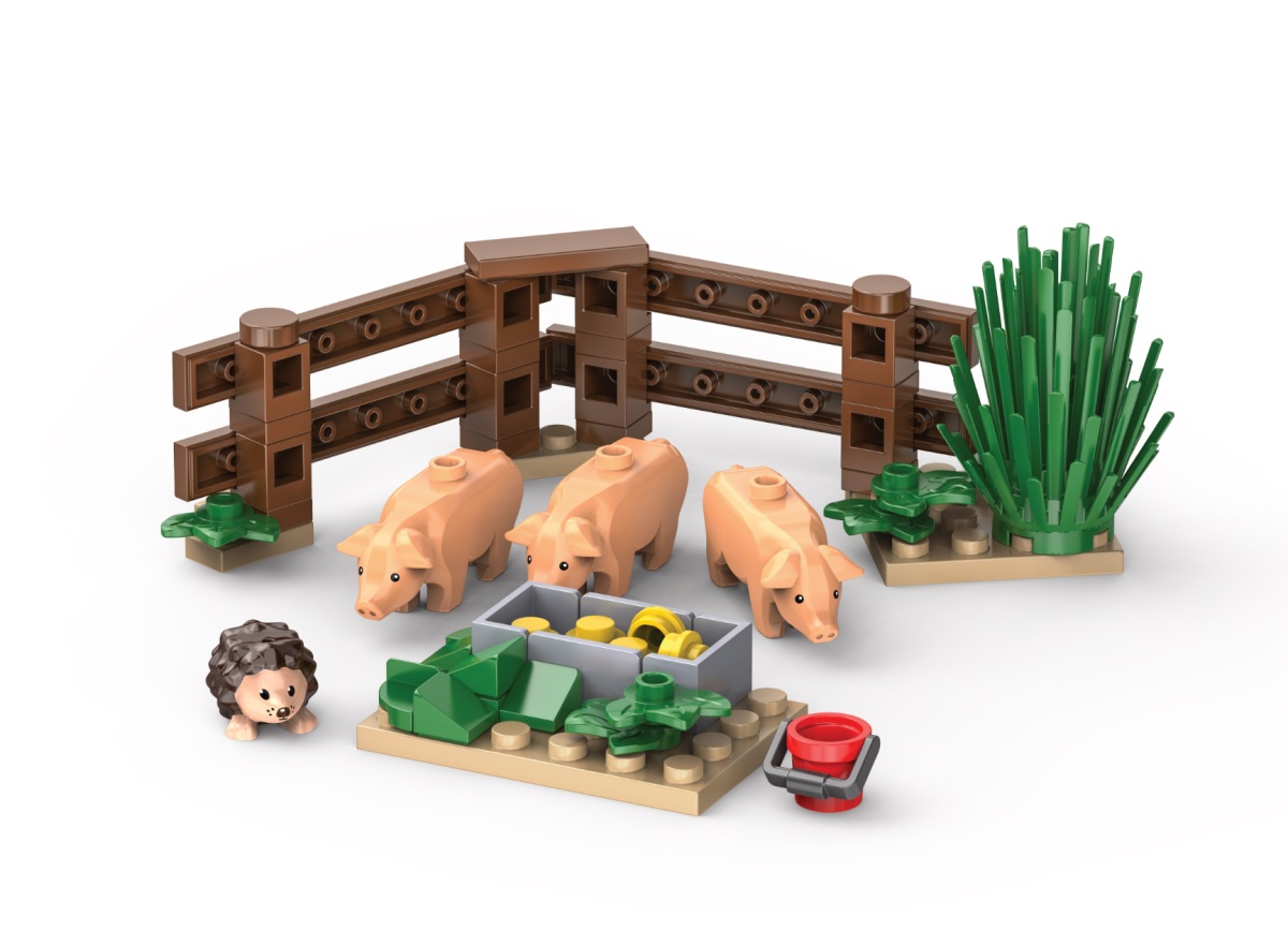 KiddiCraft Klemmbausteinset Schweine im Freiland - 3 Schweine, 1 Igel 57 Teile