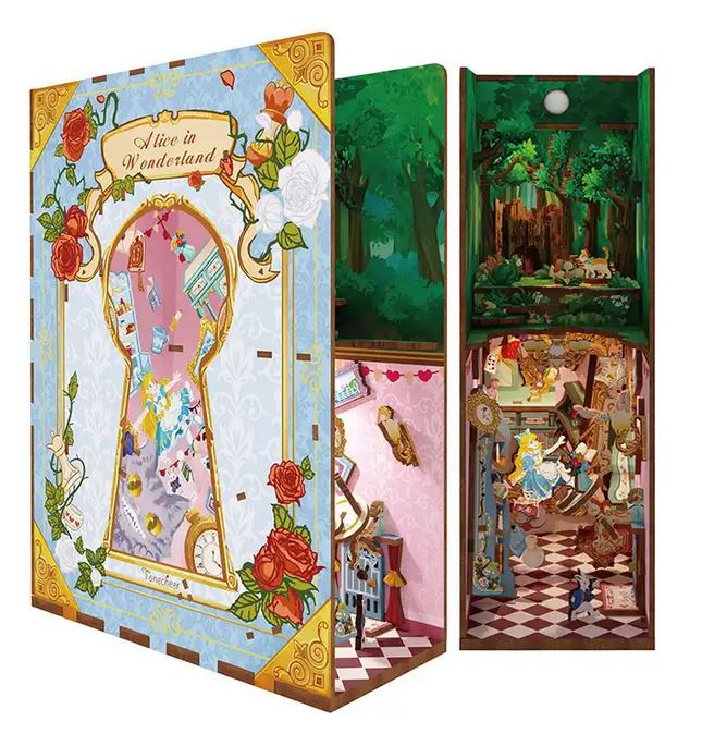 Tonecheer Bastelset Book Nook Alice in Wonderland Holz-Bausatz mit Licht