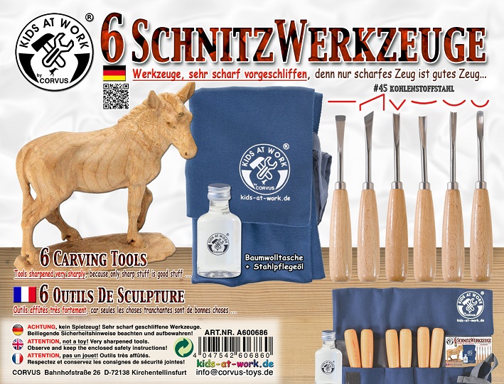Kids at Work Set Schnitzwerkzeuge 6-teilig mit Tasche und Pflegeöl