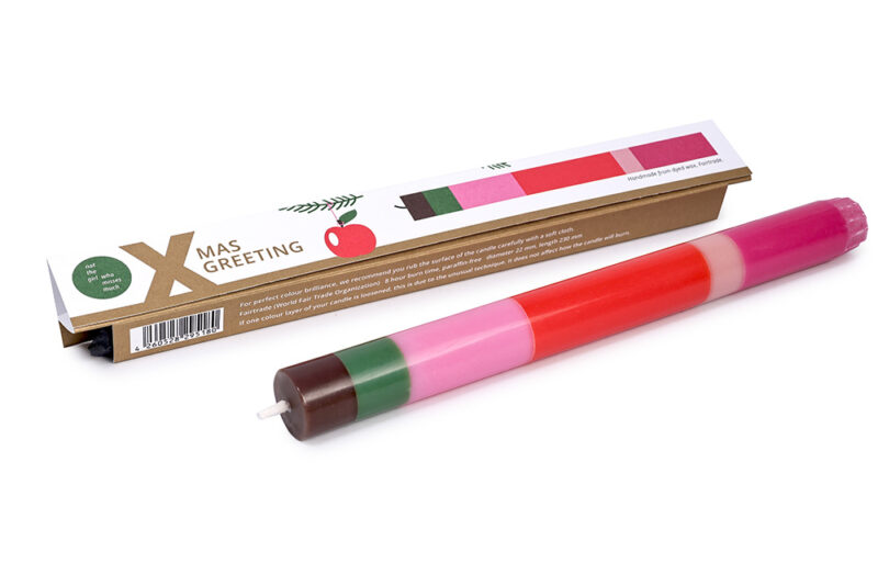 Kerze Weihnachtsgruß mit Apfel Handgemachte Fairtrade Grusskerze, 23cm hoch