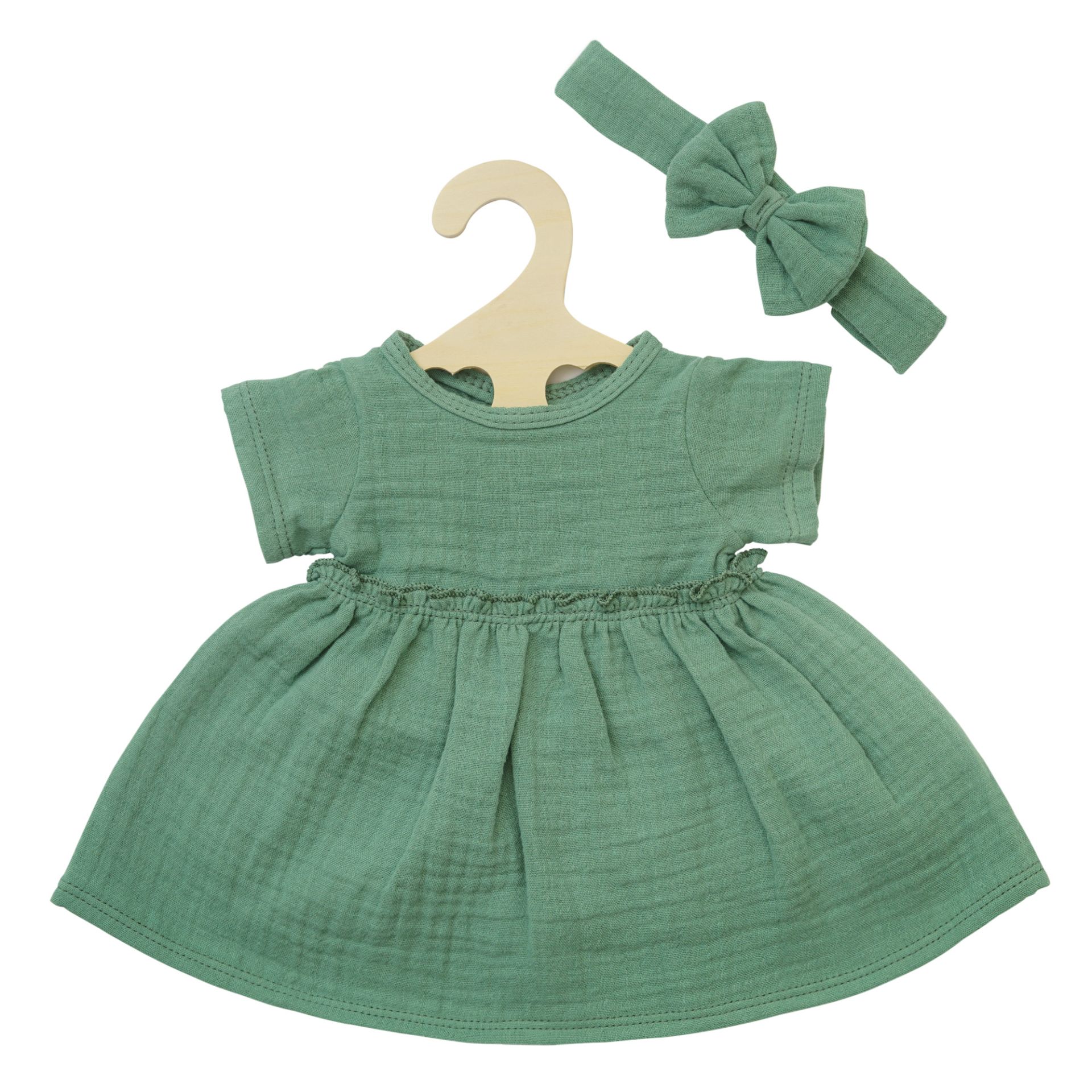 Heless Puppenkleid aus 100 % Bio-Baumwolle mit Rüschen und Haarband, salbeigrün, 2-teilig, Gr. 35-45 cm