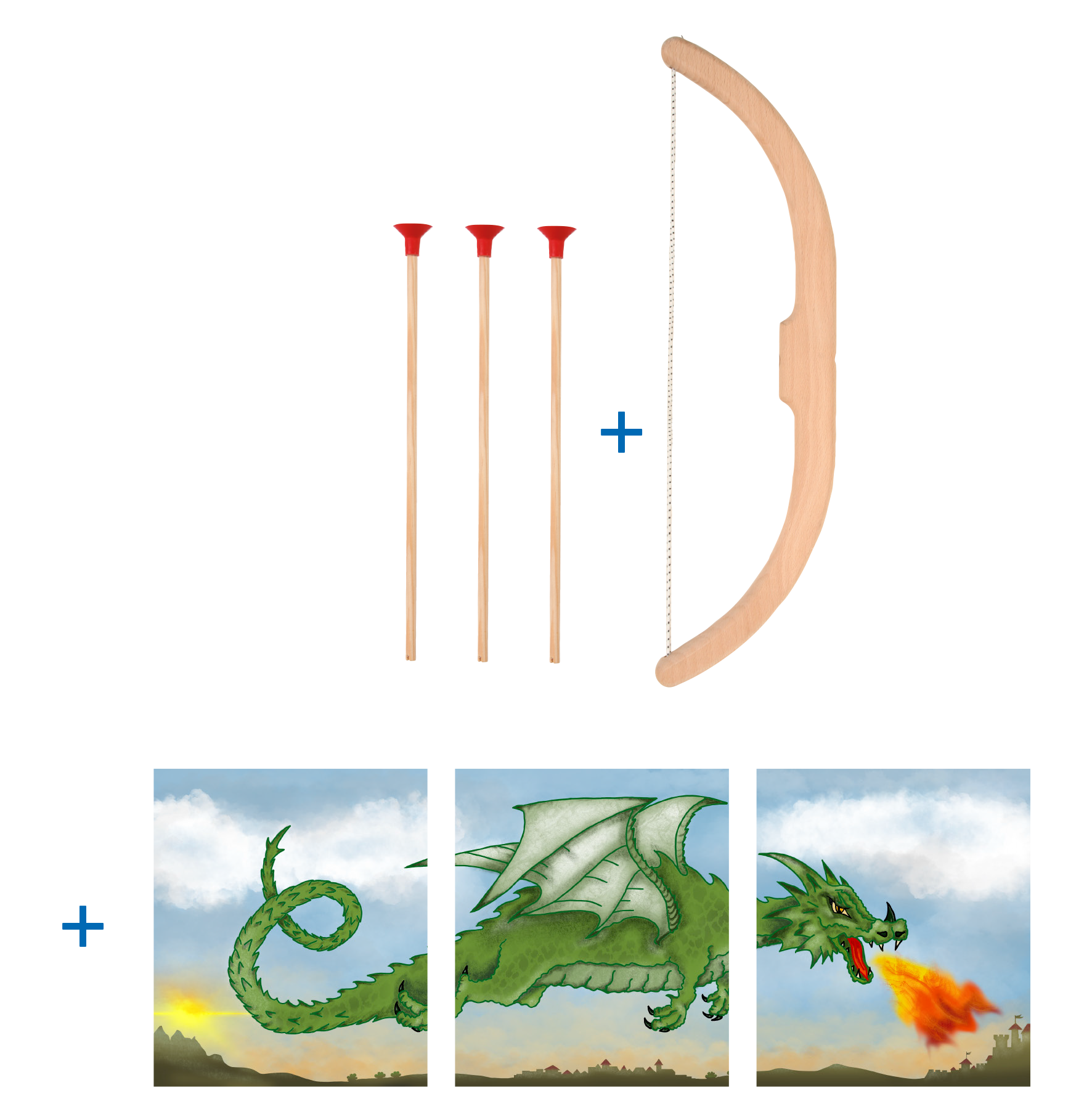 Vah Spielbogenset mit 3 Pfeilen und Drachen-Zielscheibentrio  aus robustem Buchenholz