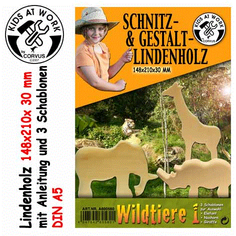 Kids at Work Schnitzholz 15X21X3 Wildtiere 1 Gross