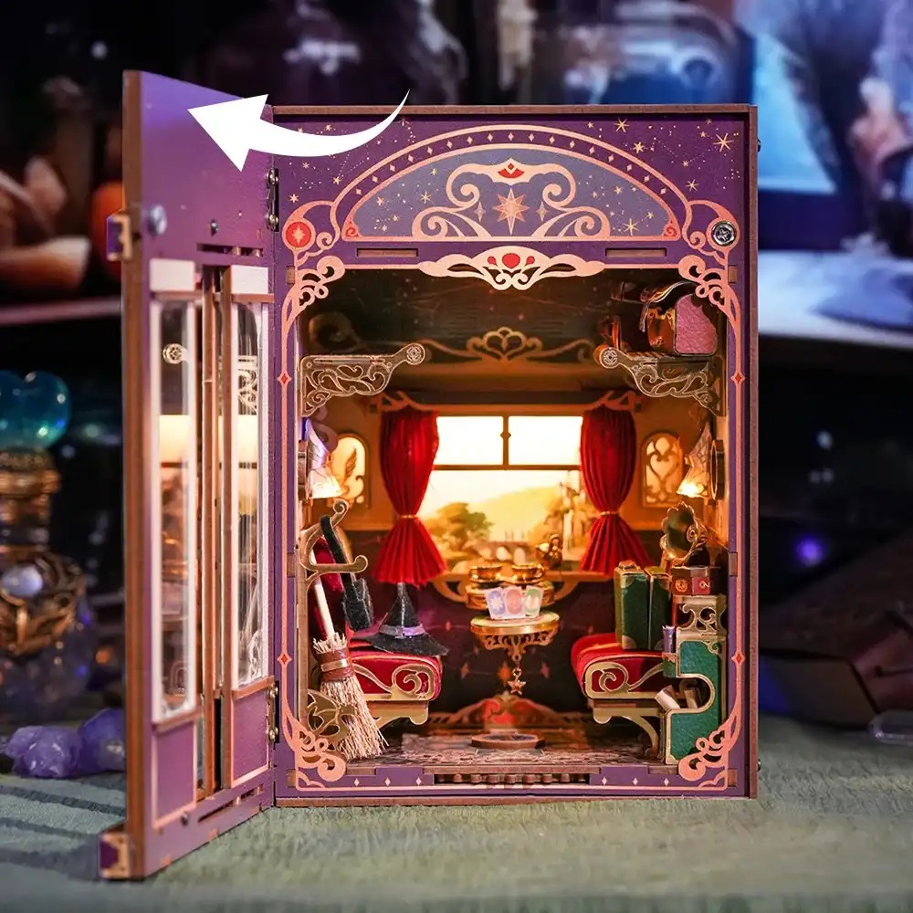Tonecheer Bastelset Book Nook Zugabteil - Magical Journey Holz-Bausatz mit Licht