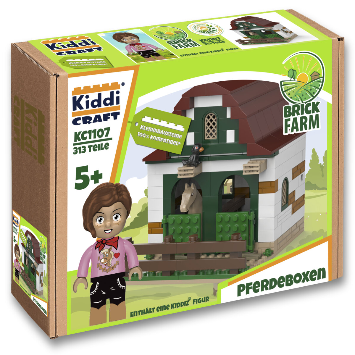 KiddiCraft Klemmbausteinset Ponyhof-Erweiterung - 1 Kiddiz Figur, 1 Pferd 313 Teile