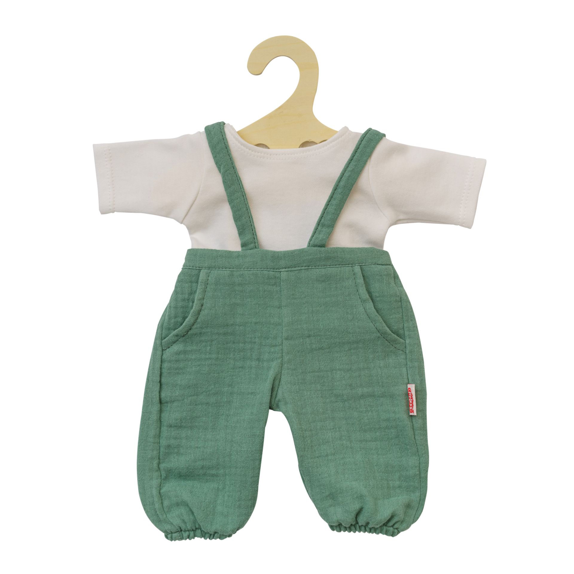 Heless Puppen-Latzhose aus 100 % Bio-Baumwolle,  salbeigrün, mit weißem T-Shirt, 2-teilig, Gr. 28-35 cm
